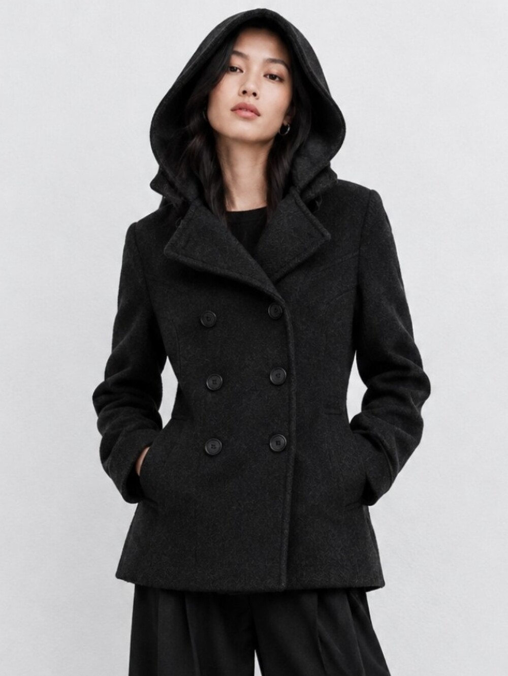 Jason Kole Hooded Double-Breasted Wool Pea Coat Size XS